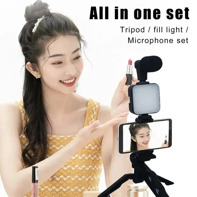 Smartphone Vlogging Kit With Tripod Phone Holder Mini Microphone LED Fill Light Starter For Live Stream Video YouTube