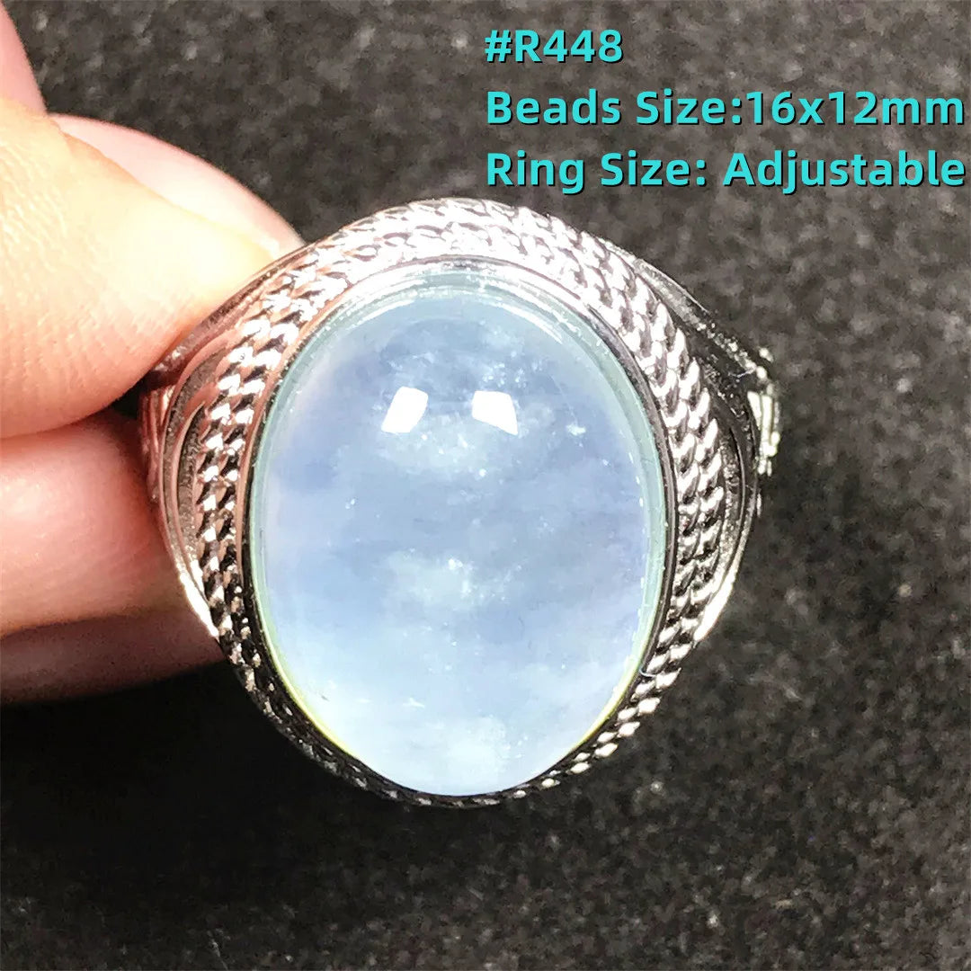 Top Natural Ocean Blue Aquamarine Ring For Male Men Gift Rare Crystal Beads Stone Silver Fashion Adjustable Ring Jewelry AAAAA