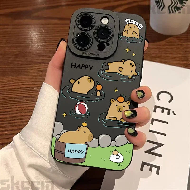 Matte Phone Case For iPhone 15 Pro Max 14 Plus 13 12 Mini 11 XS X XR 7 8 Cute Capybara Pattern Soft Silicone Bumper Cover