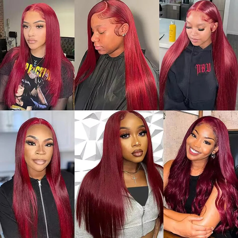 200 Density 99j Burgundy 13x4 13x6 Full Frontal Lace Preplucked Colored Straight Frontal Wig HD Transparent Lace Human Hair Wigs