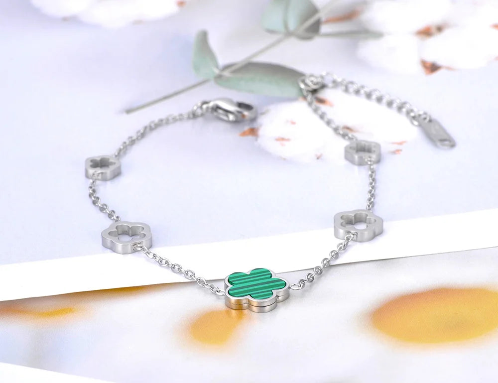 Lokaer Trendy Stainless Steel White Black Green Shell Flower Charm Bracelets For Women Girl Chain & Link Bracelet Jewelry B19056