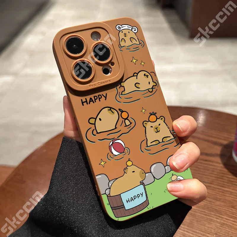 Matte Phone Case For iPhone 15 Pro Max 14 Plus 13 12 Mini 11 XS X XR 7 8 Cute Capybara Pattern Soft Silicone Bumper Cover