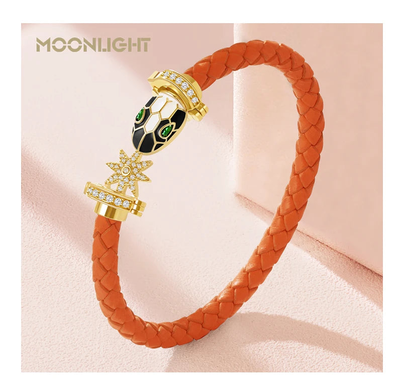 MOONLIGHT Genuine Braided Leather Bracelet for Woman Zircon Eight Pointed Star Classic Snake Head Bracelet Female Jewelry Gifts
