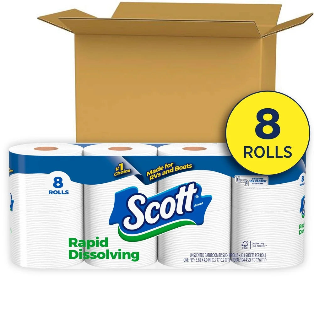 Rapid Dissolving Toilet Paper RVs Boats Septic Safe Clog Free 1 Ply 8 Double Rolls Unscented 1848 Sheets Perforated