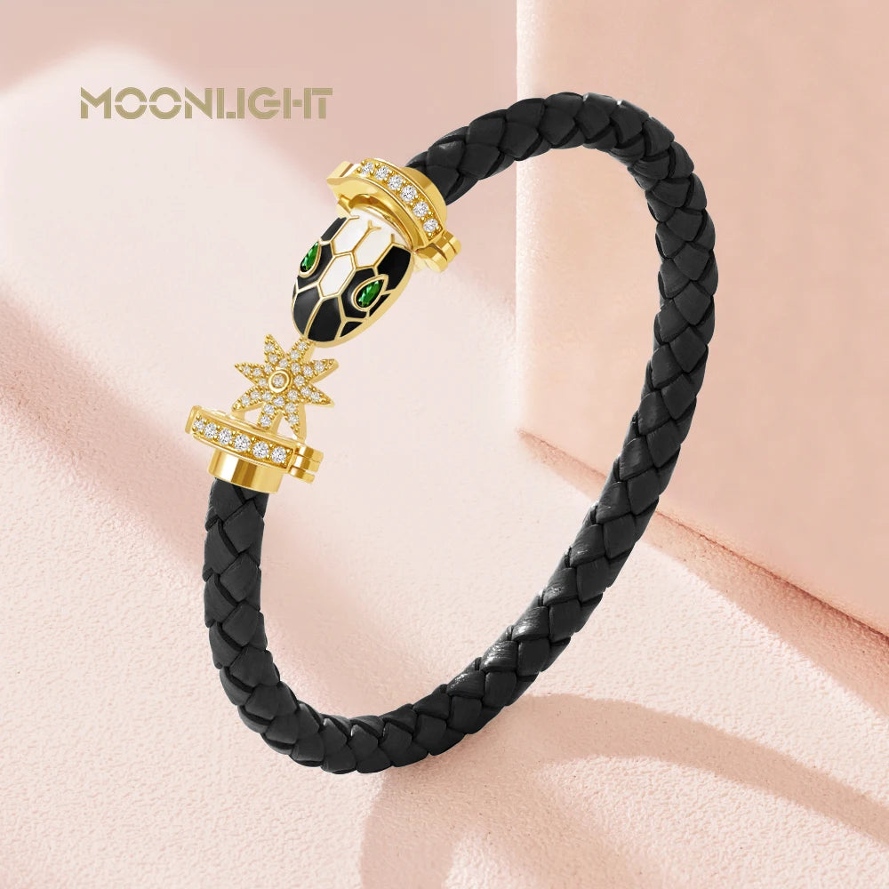 MOONLIGHT Genuine Braided Leather Bracelet for Woman Zircon Eight Pointed Star Classic Snake Head Bracelet Female Jewelry Gifts