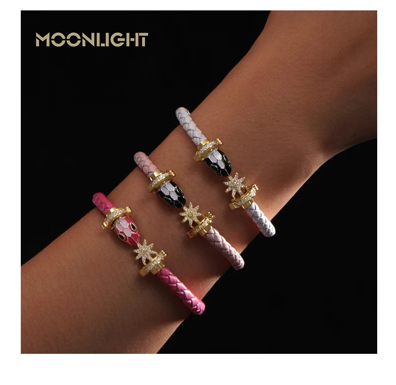 MOONLIGHT Genuine Braided Leather Bracelet for Woman Zircon Eight Pointed Star Classic Snake Head Bracelet Female Jewelry Gifts