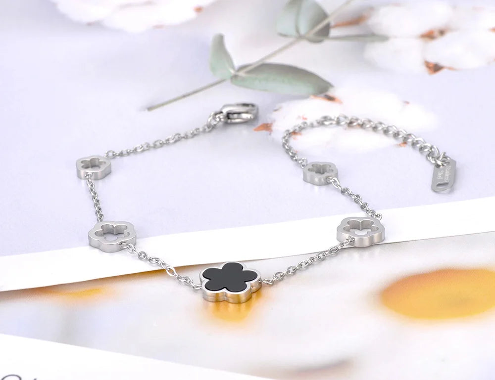 Lokaer Trendy Stainless Steel White Black Green Shell Flower Charm Bracelets For Women Girl Chain & Link Bracelet Jewelry B19056