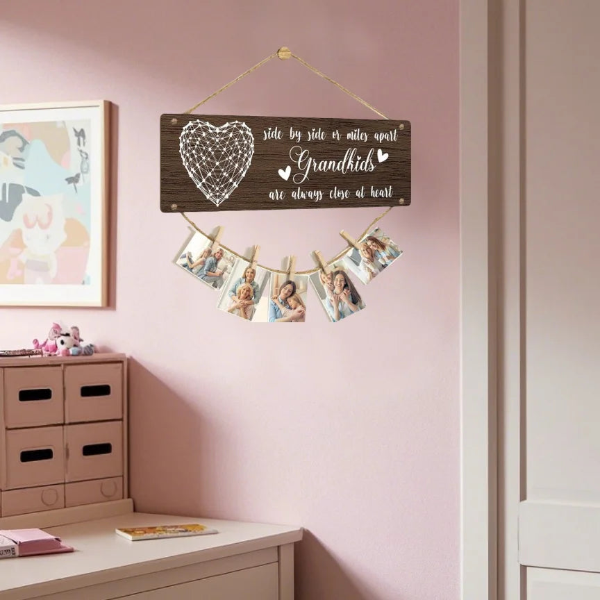 Rustic Wooden Grandkids Photo Frame Side By Side Or Miles Apart Design With Clips & Twine  Perfect For Living Room Bedroom Decor