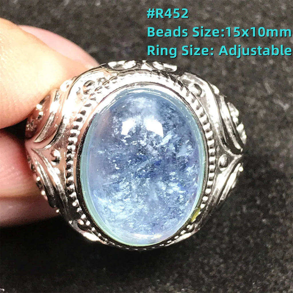 Top Natural Ocean Blue Aquamarine Ring For Male Men Gift Rare Crystal Beads Stone Silver Fashion Adjustable Ring Jewelry AAAAA