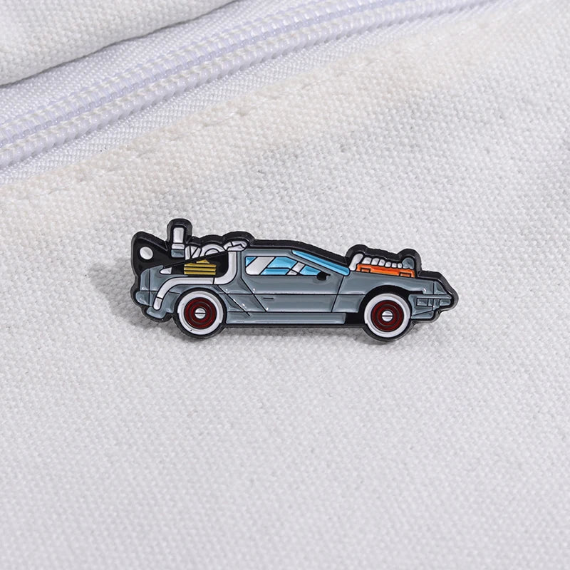 Retro Cartoon Sport Car Enamel Pin Science Fiction Movies Inspired Vehicle Brooch Jacket Lapel Badge Jewelry Gift For Friends