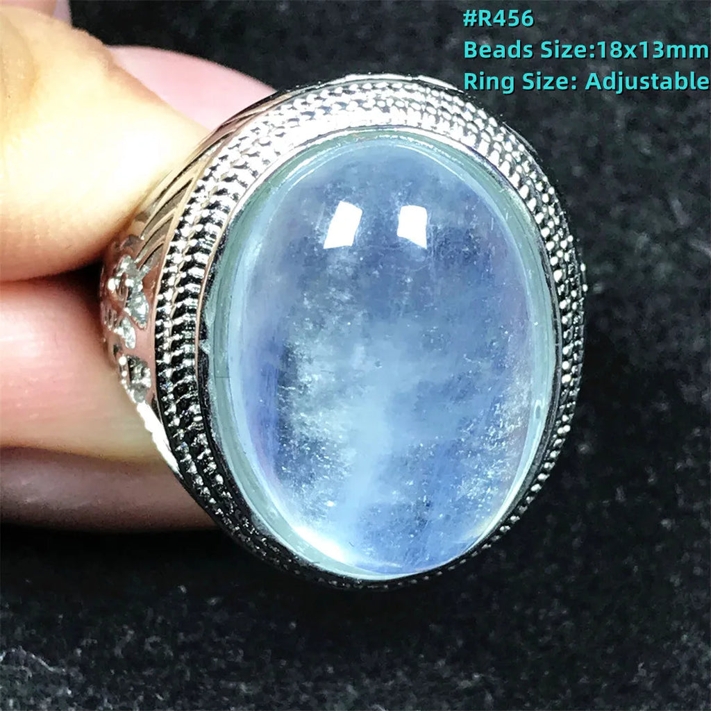 Top Natural Ocean Blue Aquamarine Ring For Male Men Gift Rare Crystal Beads Stone Silver Fashion Adjustable Ring Jewelry AAAAA