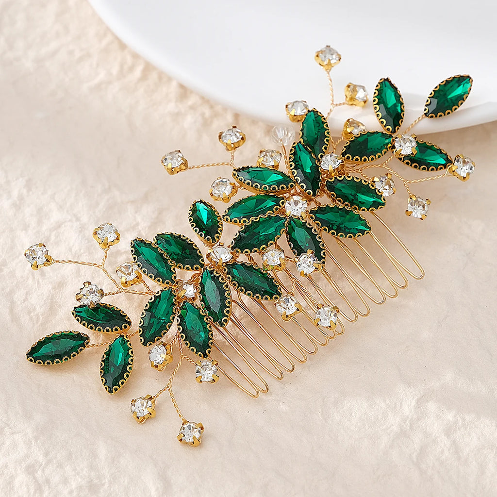 Efily Vitnage Green Crystal Wedding Hair Accessories Bridal Pearl Hair Comb Rhinestone Headpiece Jewelry  Valentine's Day gift