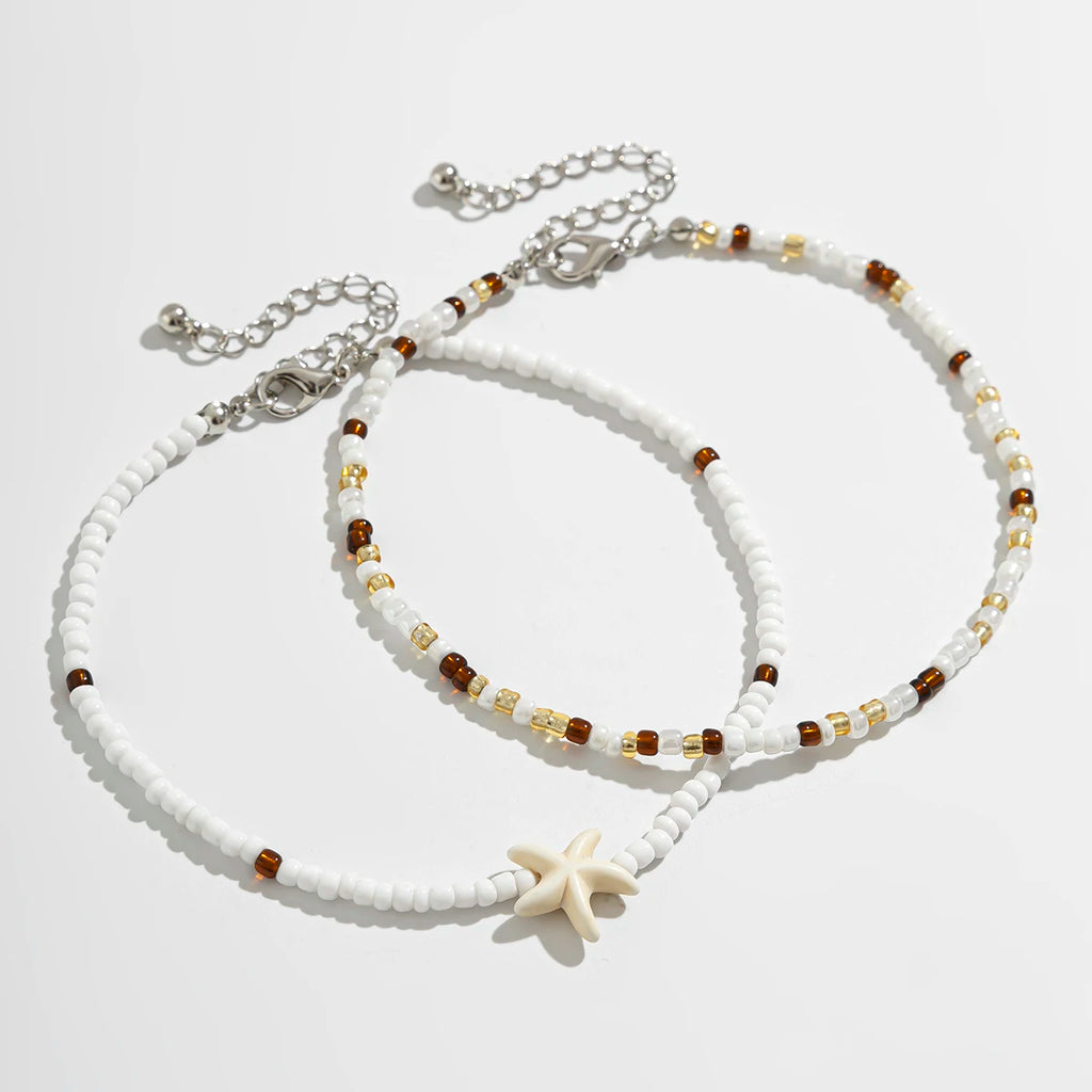 PuRui 2 pcs Sets Beaded Anklets For Women White Acrylic Starfish Ankle Chain Girls Csaual Accessories New In For Beach Party