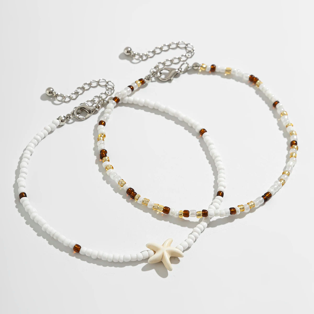 PuRui 2 pcs Sets Beaded Anklets For Women White Acrylic Starfish Ankle Chain Girls Csaual Accessories New In For Beach Party