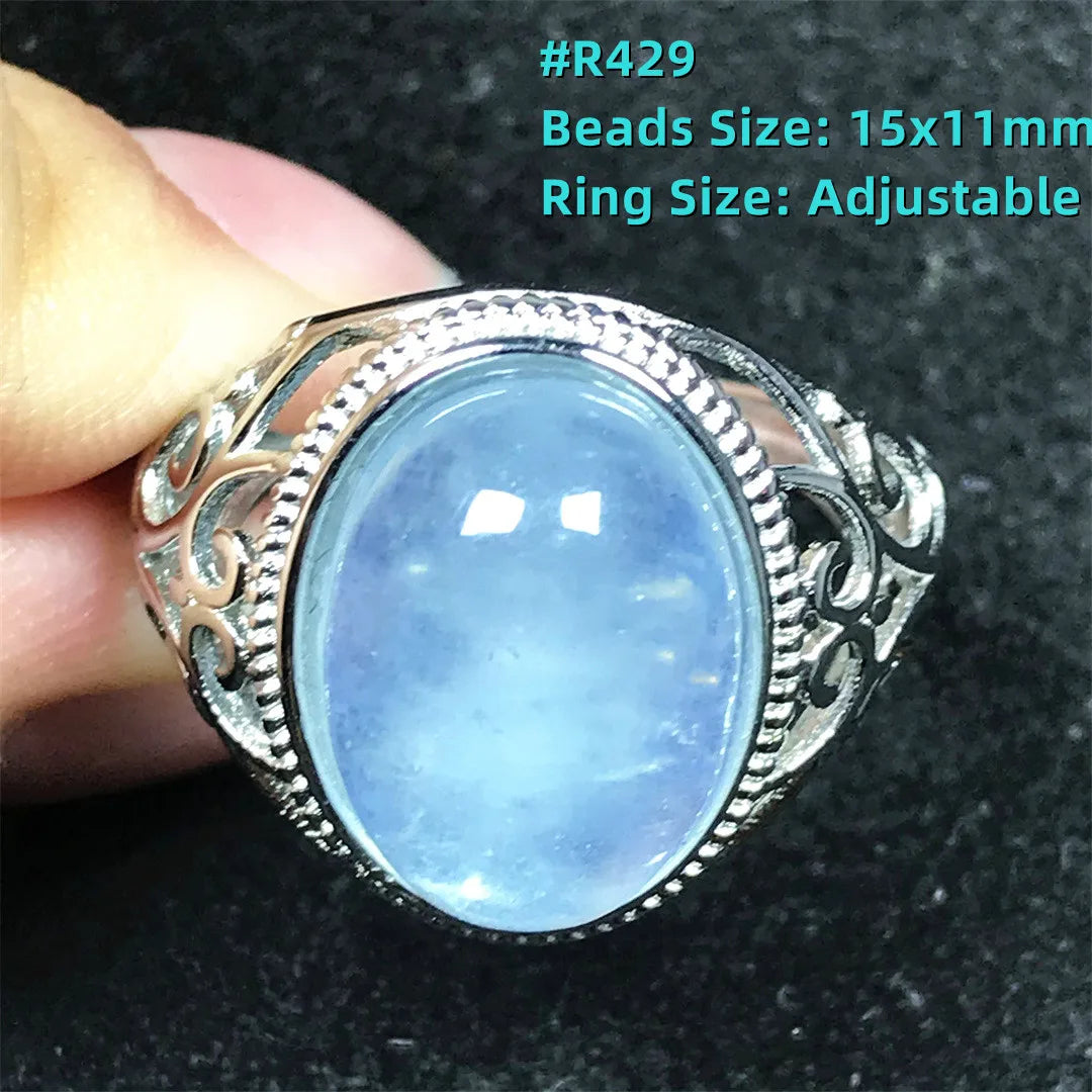 Top Natural Ocean Blue Aquamarine Ring For Male Men Gift Rare Crystal Beads Stone Silver Fashion Adjustable Ring Jewelry AAAAA