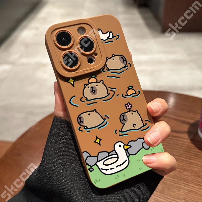 Matte Phone Case For iPhone 15 Pro Max 14 Plus 13 12 Mini 11 XS X XR 7 8 Cute Capybara Pattern Soft Silicone Bumper Cover