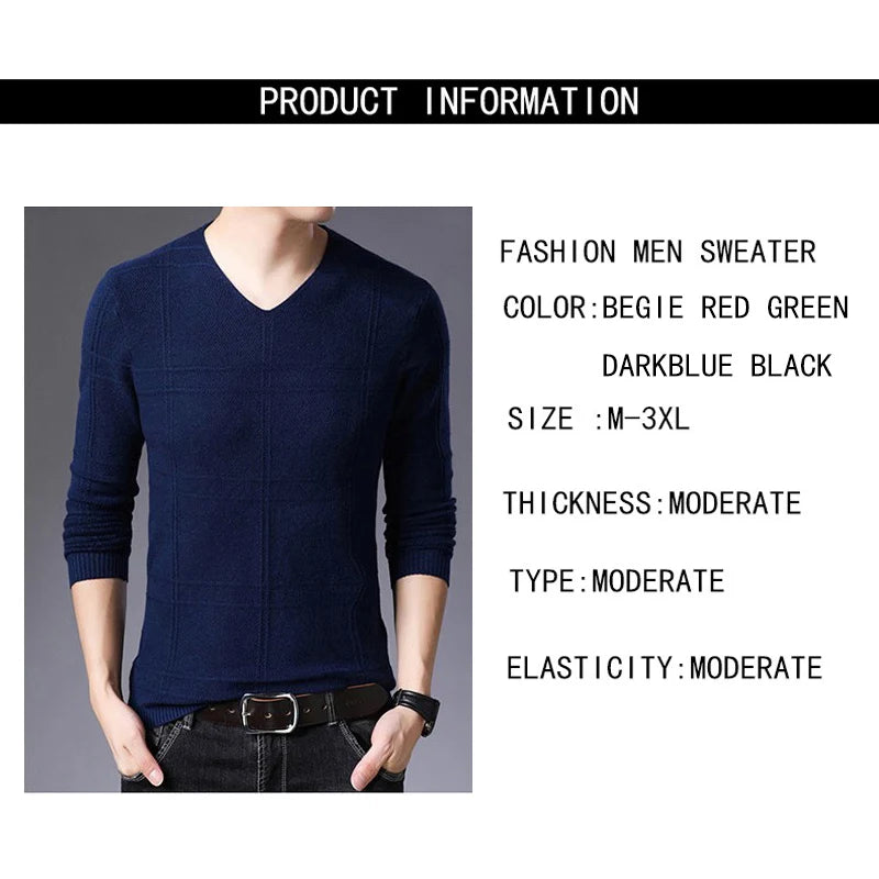 BROWON 2025 New Mens Clothes Spring Autumn Solid Color Casual V-Neck Sweaters Korean Fashion Slim Fit Long-Sleeved Sweater Men
