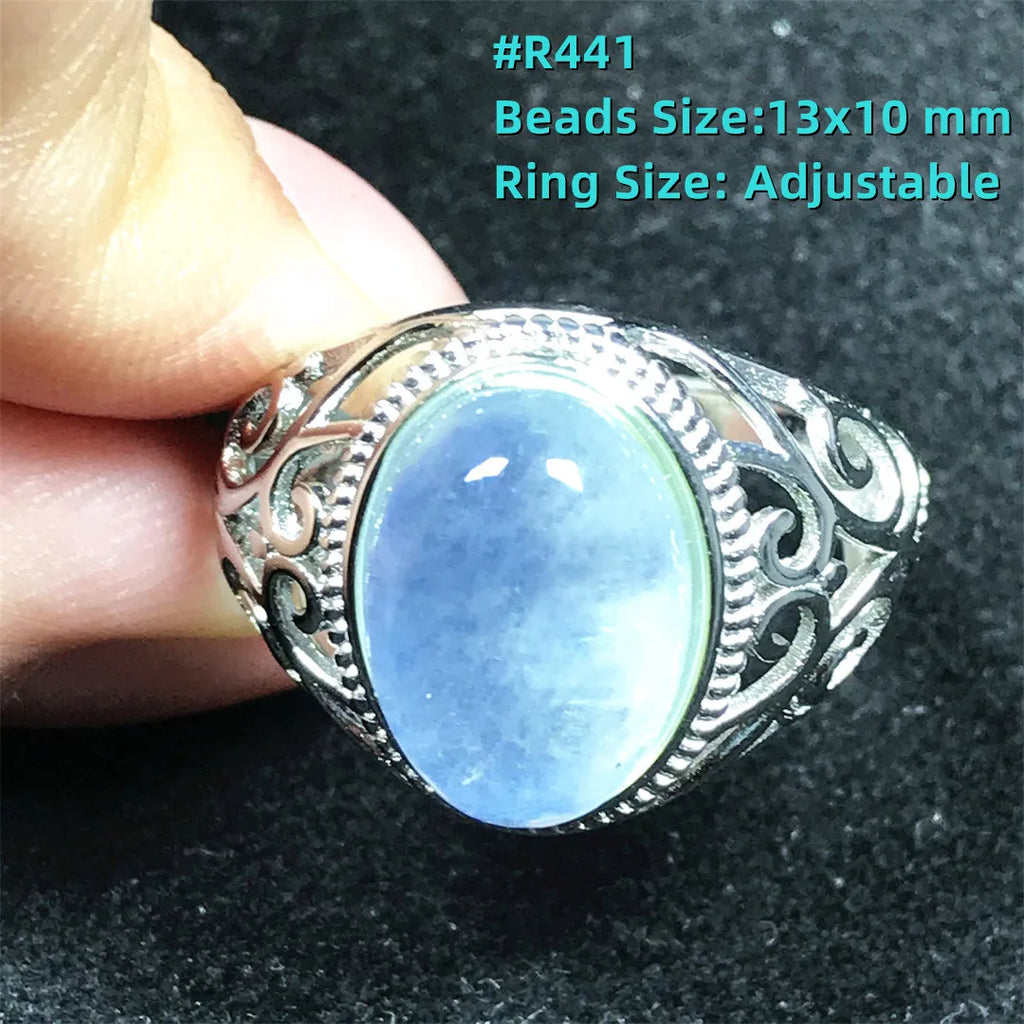 Top Natural Ocean Blue Aquamarine Ring For Male Men Gift Rare Crystal Beads Stone Silver Fashion Adjustable Ring Jewelry AAAAA
