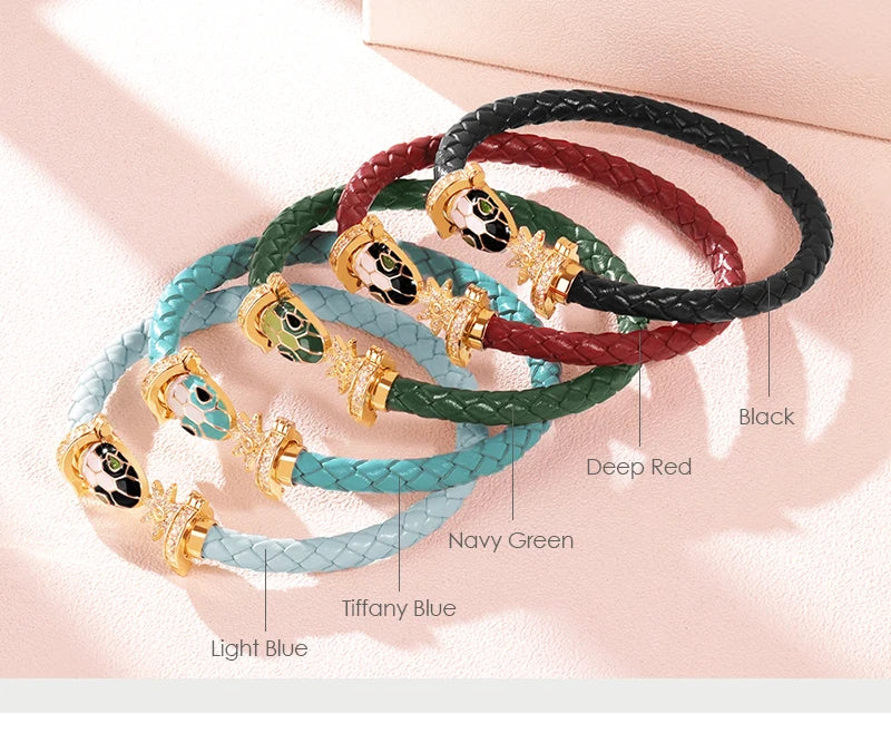 MOONLIGHT Genuine Braided Leather Bracelet for Woman Zircon Eight Pointed Star Classic Snake Head Bracelet Female Jewelry Gifts