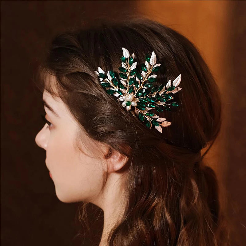 Efily Vitnage Green Crystal Wedding Hair Accessories Bridal Pearl Hair Comb Rhinestone Headpiece Jewelry  Valentine's Day gift