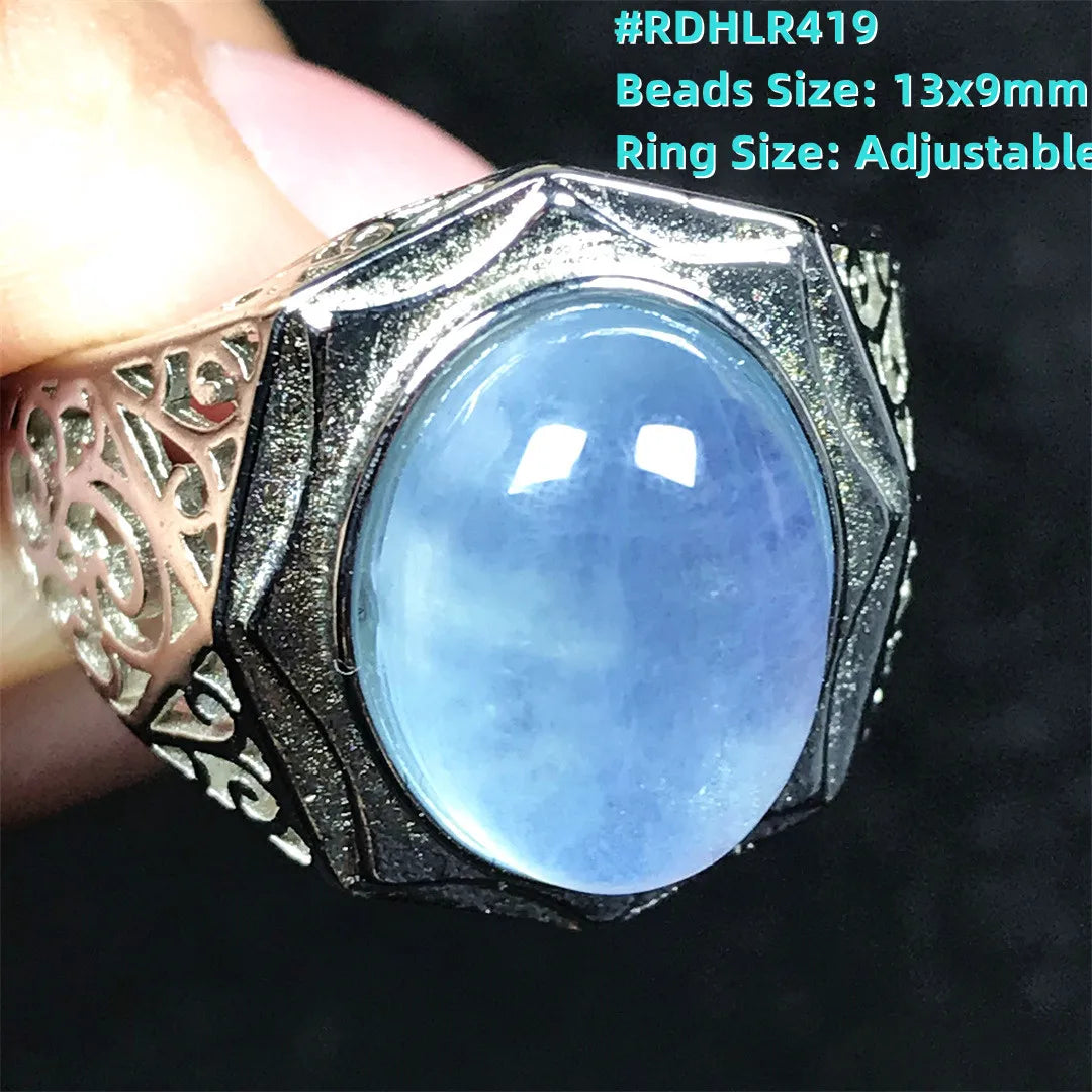 Top Natural Ocean Blue Aquamarine Ring For Male Men Gift Rare Crystal Beads Stone Silver Fashion Adjustable Ring Jewelry AAAAA