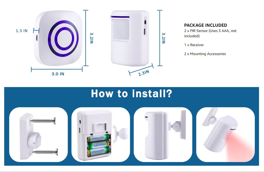 Wireless Passage Alarm with Electronic Plug-in Receiver, PIR Motion Sensor Detector,Doorbell Wireless Alarm System
