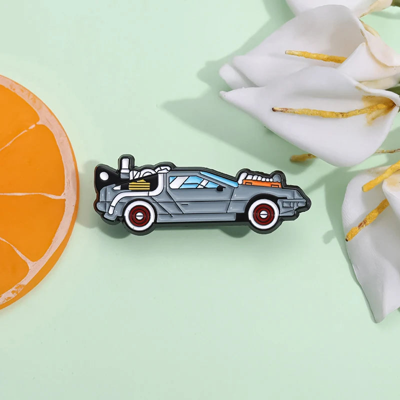 Retro Cartoon Sport Car Enamel Pin Science Fiction Movies Inspired Vehicle Brooch Jacket Lapel Badge Jewelry Gift For Friends