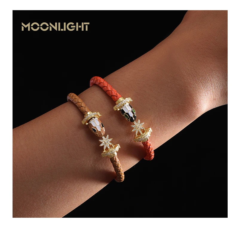 MOONLIGHT Genuine Braided Leather Bracelet for Woman Zircon Eight Pointed Star Classic Snake Head Bracelet Female Jewelry Gifts
