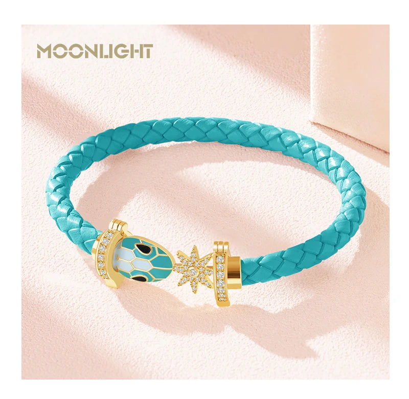 MOONLIGHT Genuine Braided Leather Bracelet for Woman Zircon Eight Pointed Star Classic Snake Head Bracelet Female Jewelry Gifts