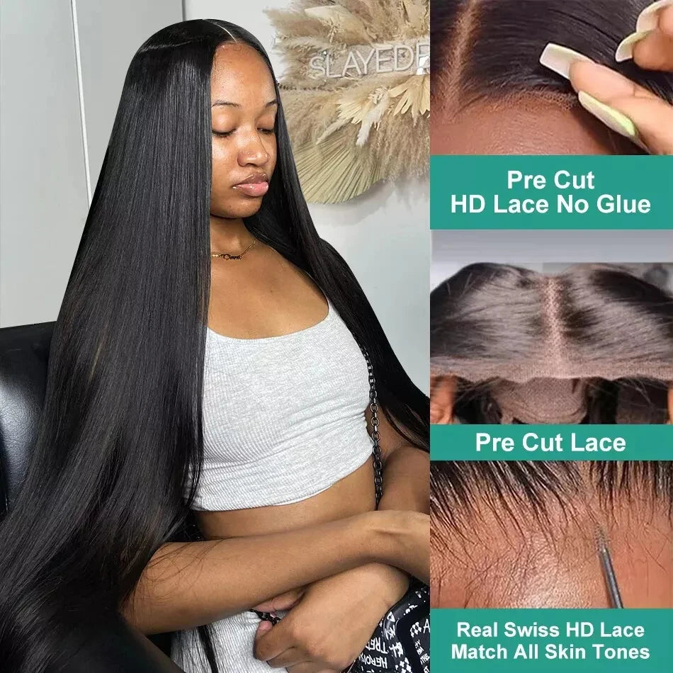 Wear and Go Glueless Wigs Human Hair Straight 5x5 HD Lace Closure Wigs Pre Plucked Pre Cut Ready to Wear Brazilan 180 Density