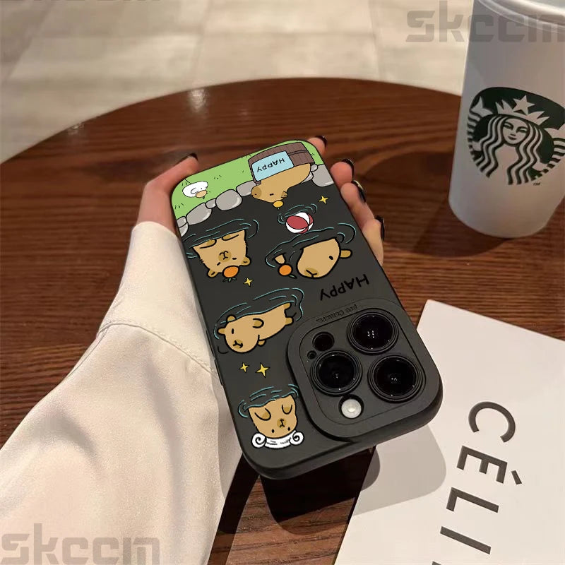 Matte Phone Case For iPhone 15 Pro Max 14 Plus 13 12 Mini 11 XS X XR 7 8 Cute Capybara Pattern Soft Silicone Bumper Cover