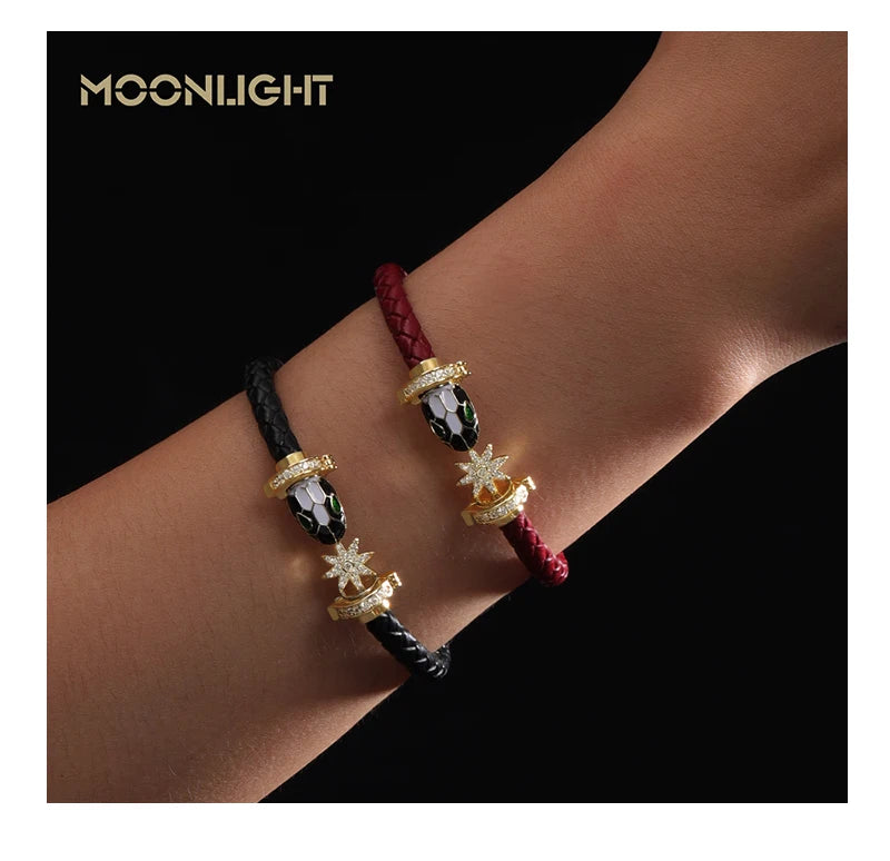 MOONLIGHT Genuine Braided Leather Bracelet for Woman Zircon Eight Pointed Star Classic Snake Head Bracelet Female Jewelry Gifts
