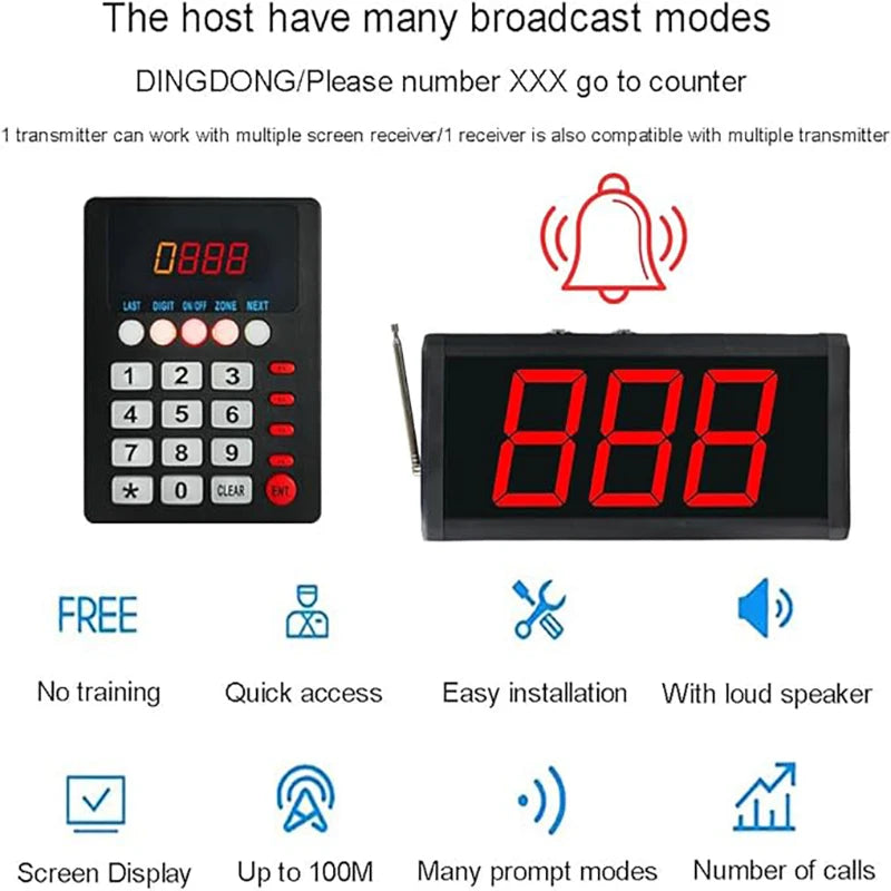 Take A Number Queue Wireless Calling System With Ticket Dispenser Loud Speaker Voice Broadcast 3 Digits Display For Kitchen Bank