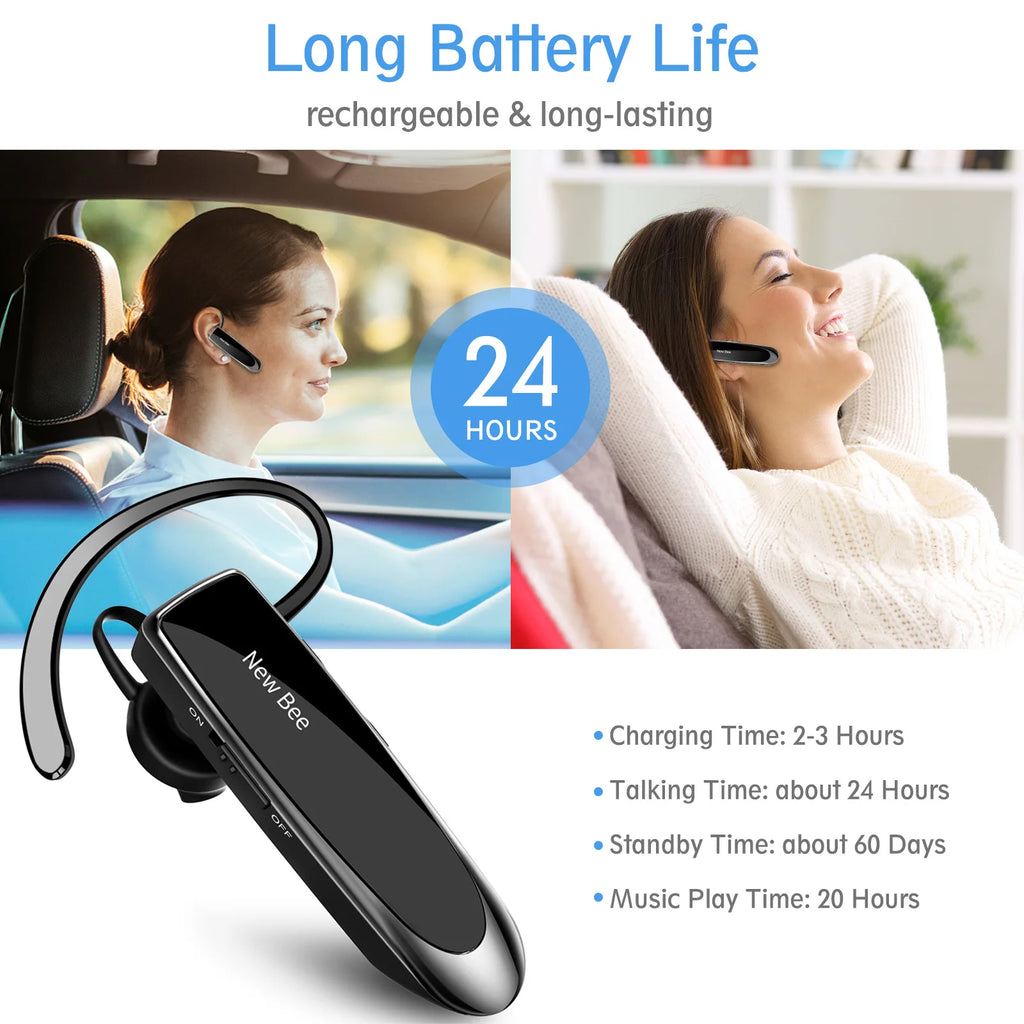 NEWBEE Single Wireless Bluetooth Headset Earphone Noise Cancelling Mic Sports Headphone Hands-Free Earbuds 24 Hrs Driving Office