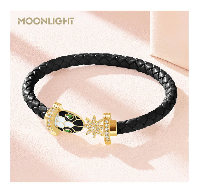 MOONLIGHT Genuine Braided Leather Bracelet for Woman Zircon Eight Pointed Star Classic Snake Head Bracelet Female Jewelry Gifts