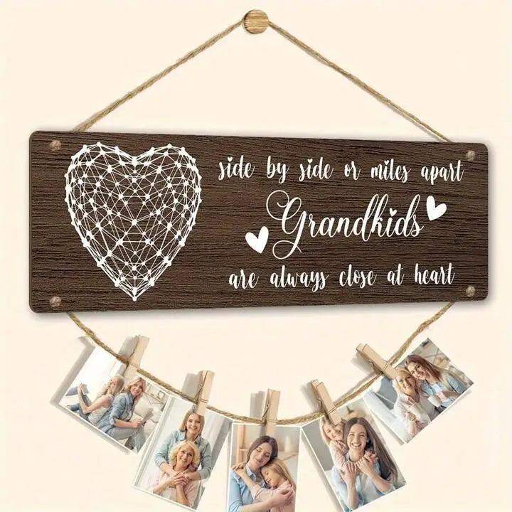 Rustic Wooden Grandkids Photo Frame Side By Side Or Miles Apart Design With Clips & Twine  Perfect For Living Room Bedroom Decor