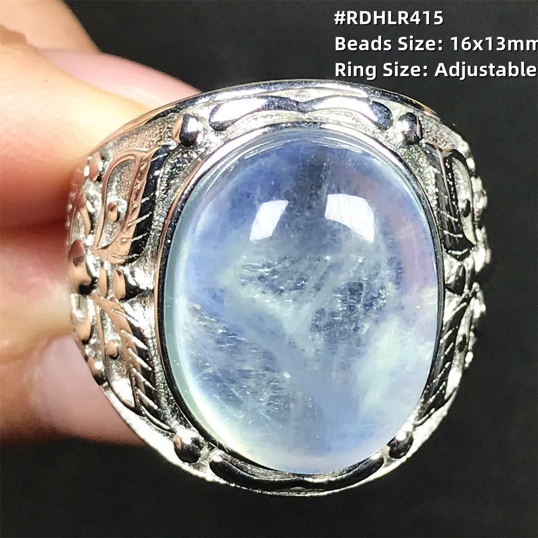 Top Natural Ocean Blue Aquamarine Ring For Male Men Gift Rare Crystal Beads Stone Silver Fashion Adjustable Ring Jewelry AAAAA