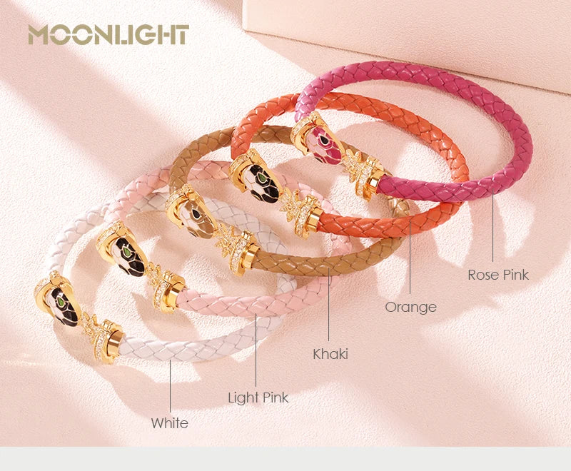 MOONLIGHT Genuine Braided Leather Bracelet for Woman Zircon Eight Pointed Star Classic Snake Head Bracelet Female Jewelry Gifts