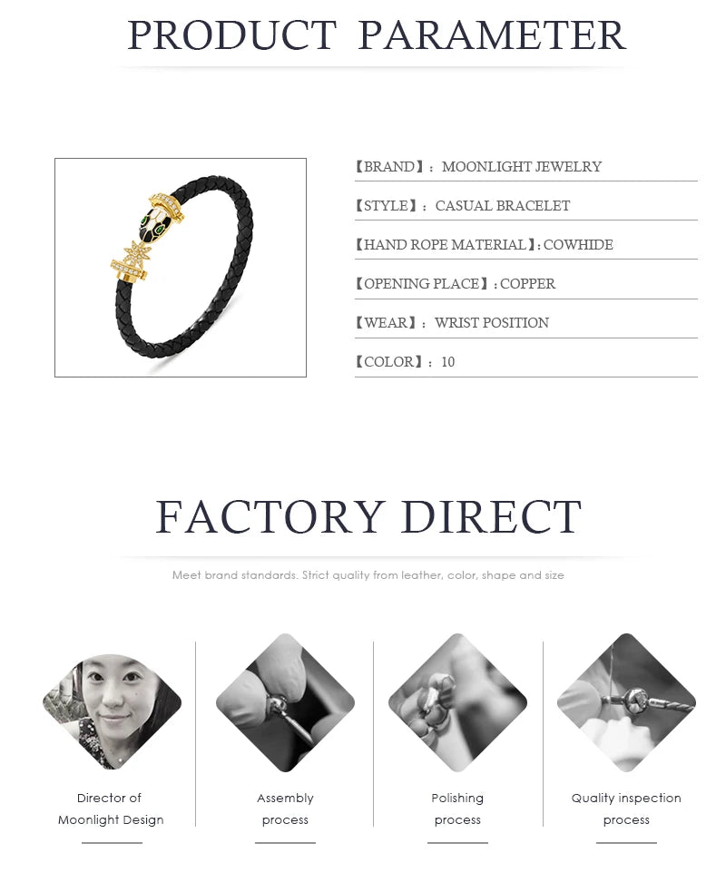 MOONLIGHT Genuine Braided Leather Bracelet for Woman Zircon Eight Pointed Star Classic Snake Head Bracelet Female Jewelry Gifts
