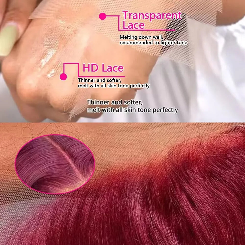 200 Density 99j Burgundy 13x4 13x6 Full Frontal Lace Preplucked Colored Straight Frontal Wig HD Transparent Lace Human Hair Wigs