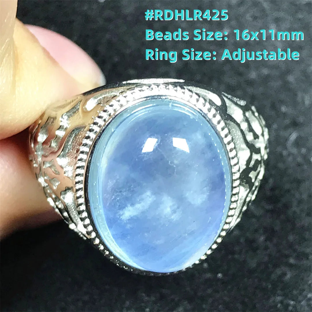 Top Natural Ocean Blue Aquamarine Ring For Male Men Gift Rare Crystal Beads Stone Silver Fashion Adjustable Ring Jewelry AAAAA