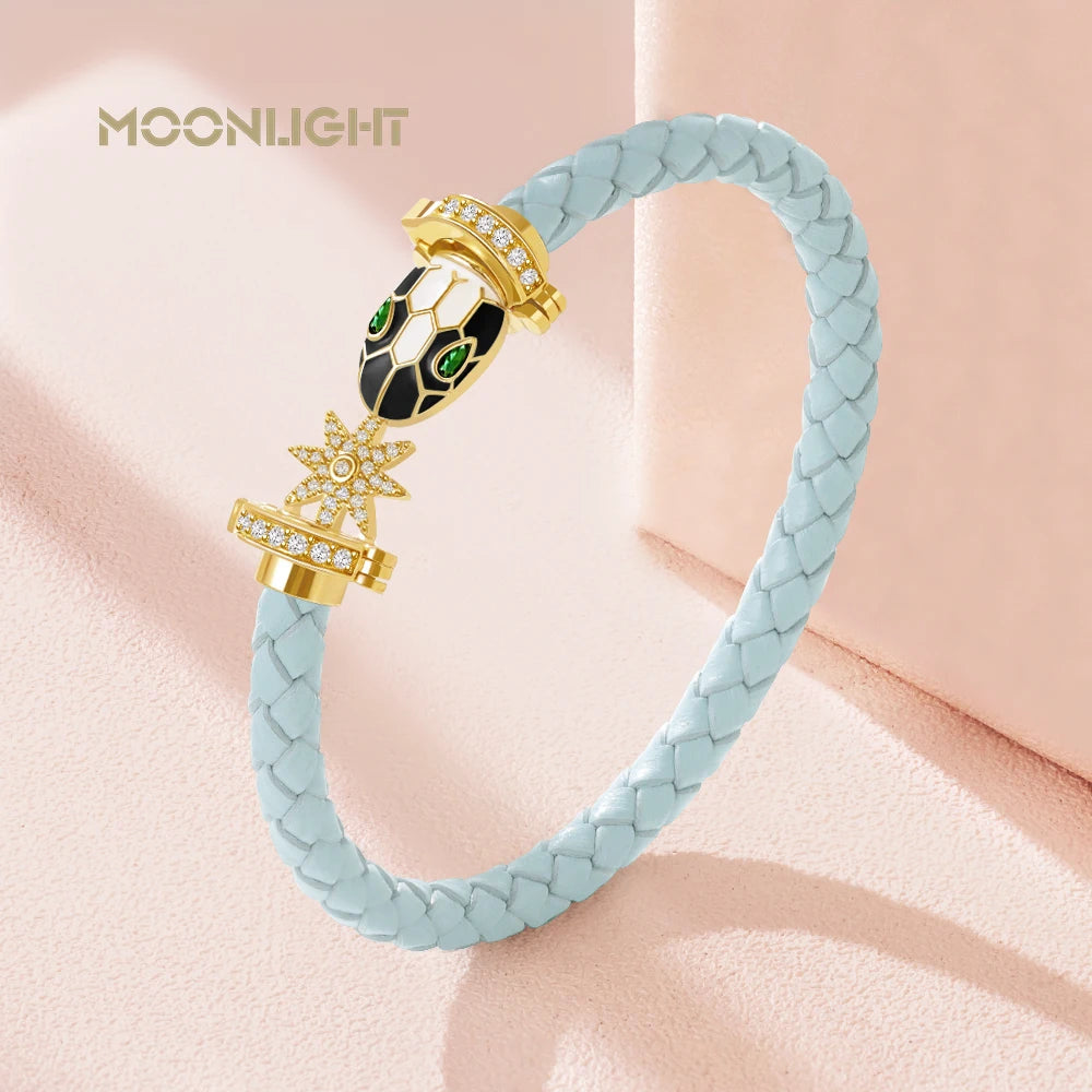 MOONLIGHT Genuine Braided Leather Bracelet for Woman Zircon Eight Pointed Star Classic Snake Head Bracelet Female Jewelry Gifts
