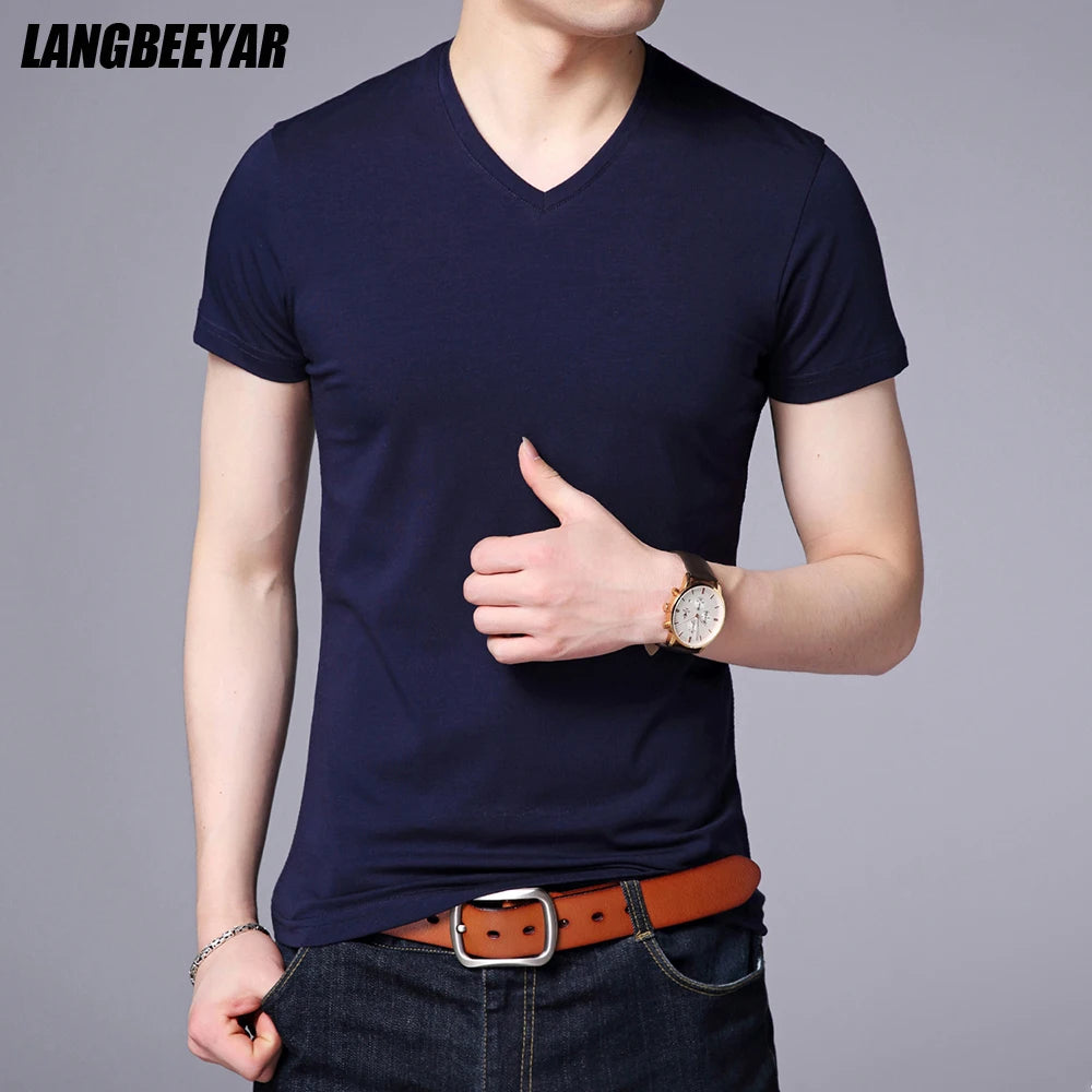 2025 Summer Brand Tops 95% Cotton 5% Spandex t Shirt For Men v Neck Plain Solid Color Short Sleeve Casual Fashion Mens Clothes