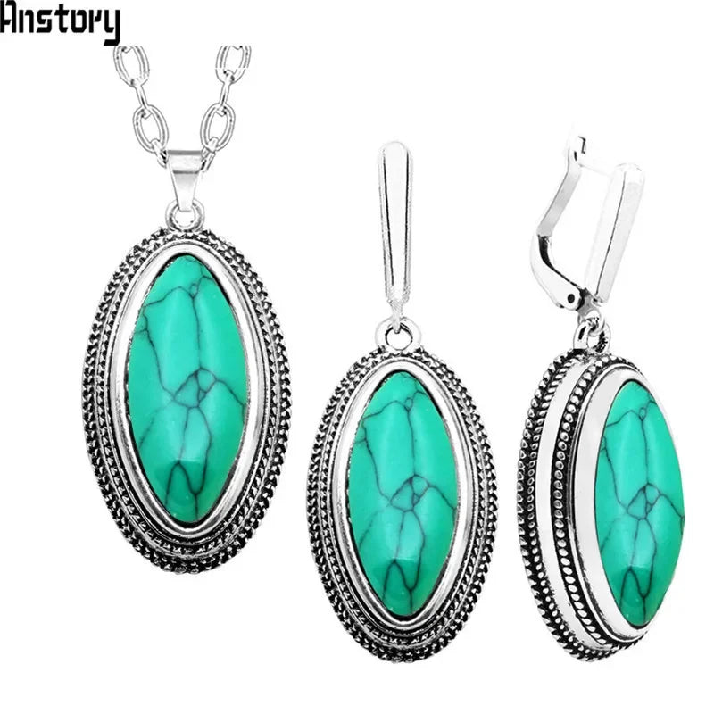 Double Layer Rhombus Red Stone Set Retro Necklace Earrings Set For Women Antique Silver Plated Fashion Jewelry