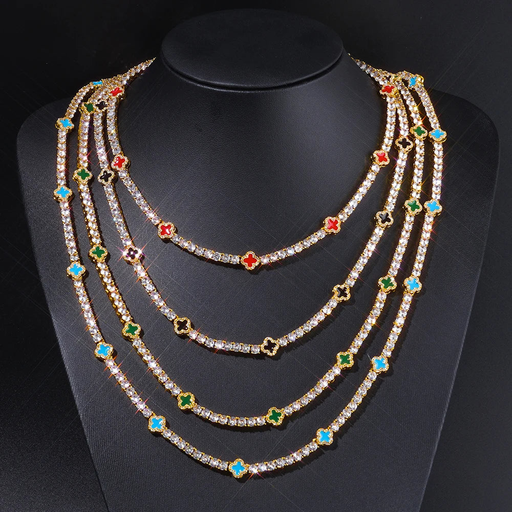NY Women White Gold Plated Tennis Choker Necklace Red/Green/Blue/Black Charm Iced Out CZ Chain Fine Hiphop Jewelry