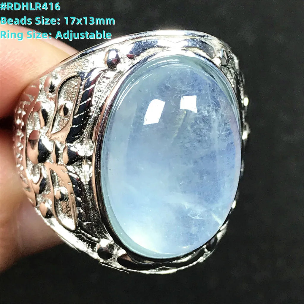 Top Natural Ocean Blue Aquamarine Ring For Male Men Gift Rare Crystal Beads Stone Silver Fashion Adjustable Ring Jewelry AAAAA