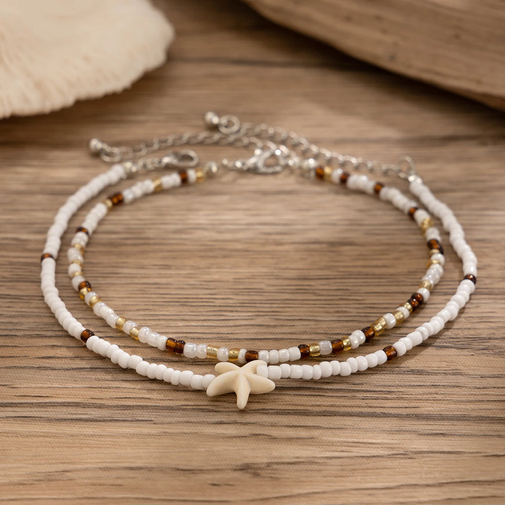 PuRui 2 pcs Sets Beaded Anklets For Women White Acrylic Starfish Ankle Chain Girls Csaual Accessories New In For Beach Party
