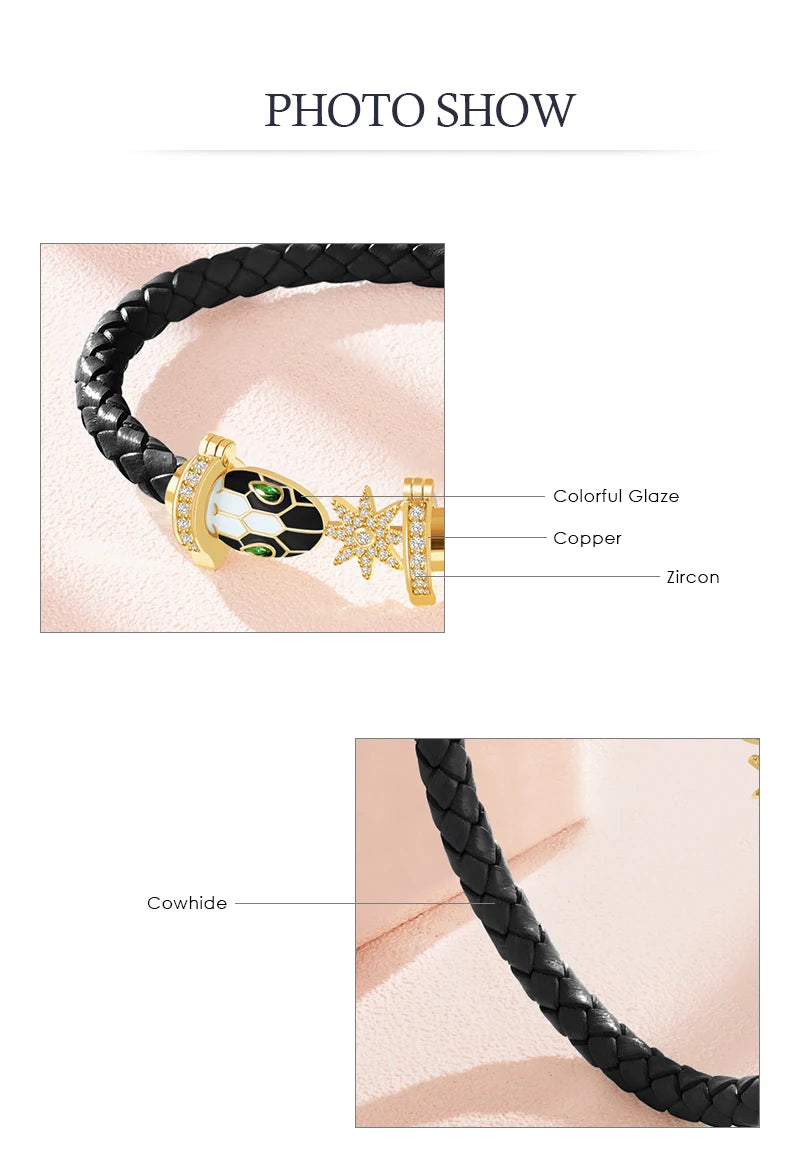 MOONLIGHT Genuine Braided Leather Bracelet for Woman Zircon Eight Pointed Star Classic Snake Head Bracelet Female Jewelry Gifts