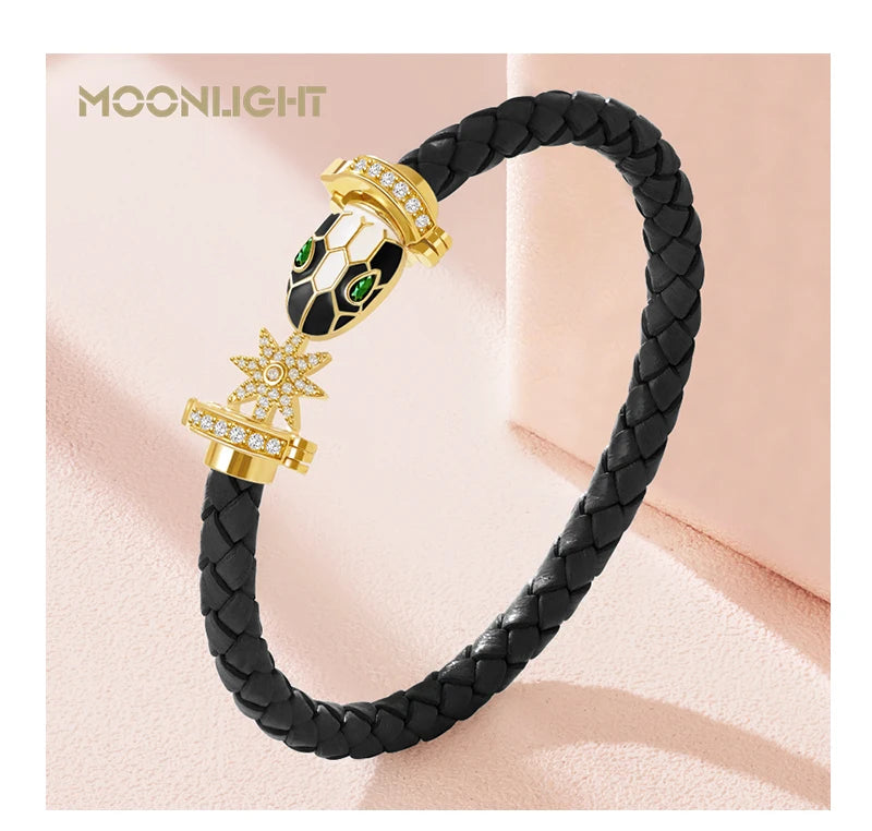 MOONLIGHT Genuine Braided Leather Bracelet for Woman Zircon Eight Pointed Star Classic Snake Head Bracelet Female Jewelry Gifts