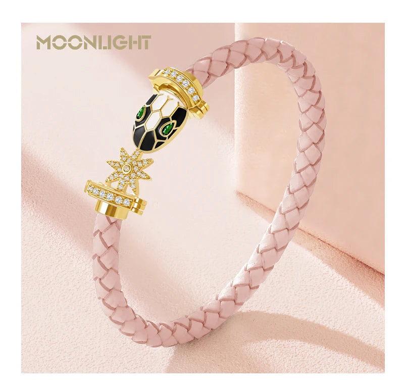 MOONLIGHT Genuine Braided Leather Bracelet for Woman Zircon Eight Pointed Star Classic Snake Head Bracelet Female Jewelry Gifts